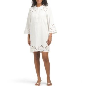 Secret Mission White Linen Blend Embroidered Eyelet Mini Dress Size Medium NWT